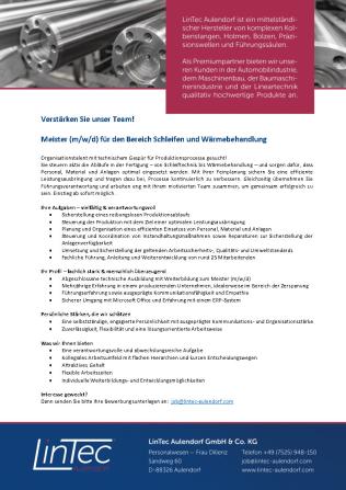 Meister (m/w/d) für den Bereich Schleifen und Wärmebehandlung